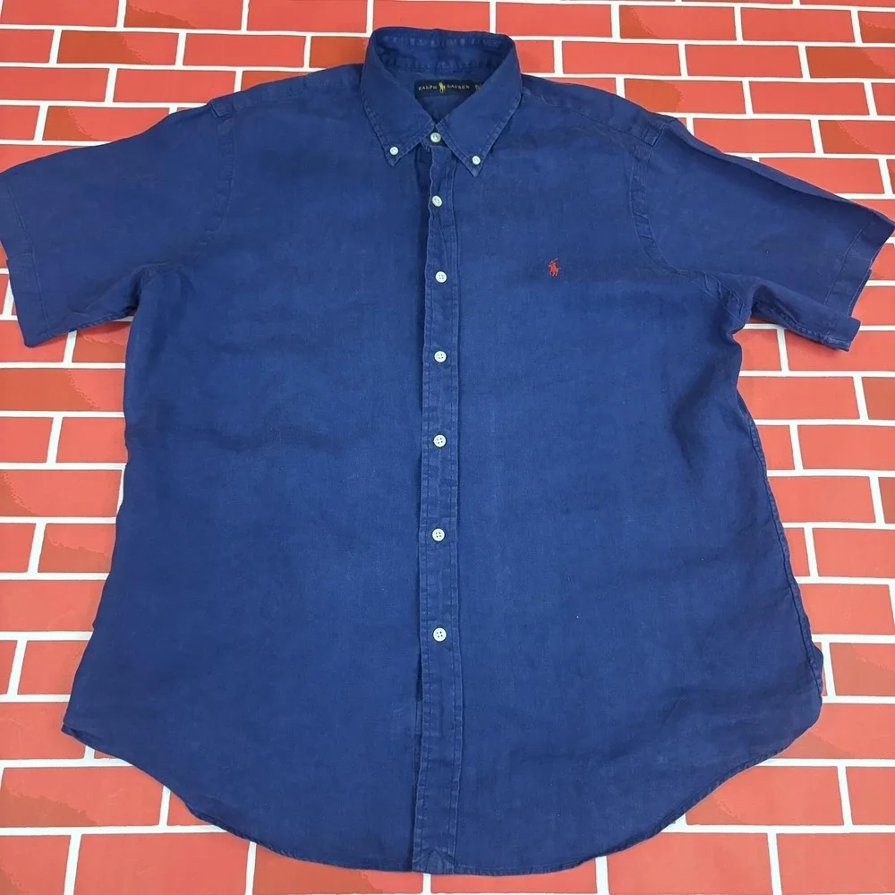 Ralph Lauren Linen Shirt Mens XL Blue Short Sleeve Button-Down Casual Pony Logo